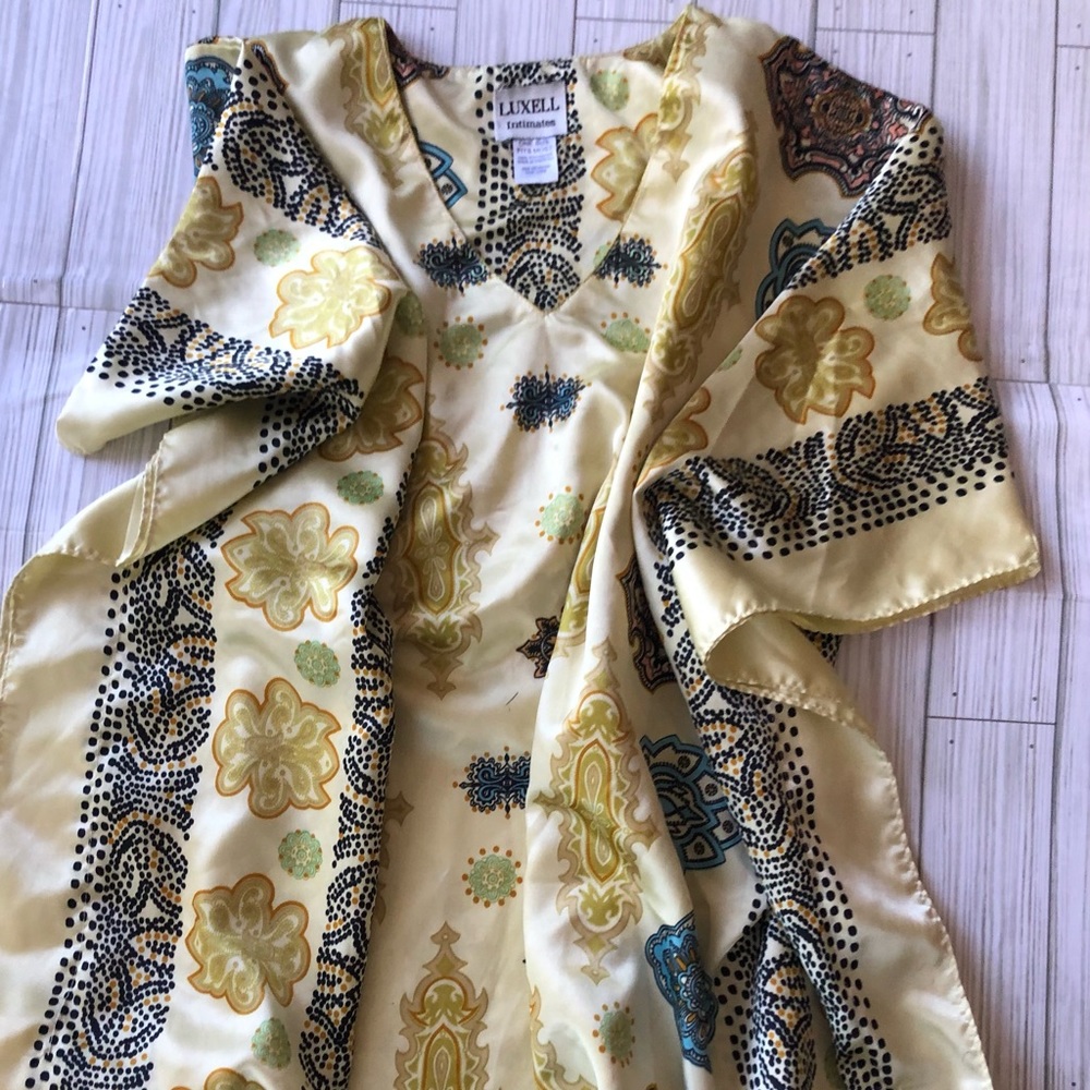 Yellow Kaftan with blue, gold, brown print OS